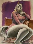  anthro blush breasts cleavage cleavage_cutout clothed clothing equid equine female fur grey_fur grey_hair hair keyhole_turtleneck looking_at_viewer mammal seductive sitting siyah solo sweater thick_thighs topwear traditional_media_(artwork) 