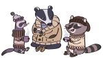  &lt;3 16:9 2019 anthro badger clothing domestic_ferret eyes_closed group hi_res male mammal mustela mustelid musteline procyonid raccoon serena_wu simple_background sitting slightly_chubby sweater topwear 