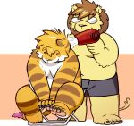  2019 anthro belly bottomwear clothing duo eyewear felid fur glasses hupi1008 lion male mammal moobs navel overweight overweight_male pantherine shorts sitting tiger yellow_fur 