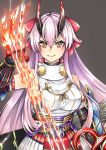  1girl abe_buson armor arrow bare_shoulders bow breasts elbow_gloves fate/grand_order fate_(series) fire flaming_arrow gauntlets gloves hair_bow highres japanese_armor kote kusazuri large_breasts long_hair looking_at_viewer oni_horns purple_hair red_bow red_eyes sidelocks sleeveless sleeveless_turtleneck slit_pupils smile solo tomoe_gozen_(fate/grand_order) turtleneck 