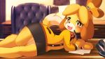  16:9 2019 ancesra animal_crossing anthro blush canid canine canis clothed clothing domestic_dog female fur hair hi_res inside isabelle_(animal_crossing) lying mammal nintendo on_side open_mouth shih_tzu smile solo toy_dog video_games yellow_fur 