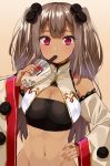  1girl bare_shoulders blush breasts brown_hair bubble_tea cleavage dark_skin detached_sleeves drinking drinking_straw gomashi_(goma) groin hand_on_hip highres long_hair midriff navel original purple_eyes solo 