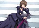  1girl absurdres artoria_pendragon_(all) bangs black_dress brown_hair chin_rest commentary dark_excalibur dress elbow_rest empty_eyes eyebrows_visible_through_hair from_side girls_und_panzer highres holding holding_sword holding_weapon juliet_sleeves long_dress long_sleeves looking_at_viewer omachi_(slabco) parted_lips puffy_sleeves road saber_alter shadow short_hair shrug_(clothing) solo stomach_cutout street sword twitter_username weapon yellow_eyes 
