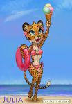  2019 4_fingers anthro bikini blue_eyes cheetah clothing conditional_dnp day delkon detailed_background digital_media_(artwork) felid feline female fingers fur hi_res mammal outside smile solo spots spotted_fur swimwear 