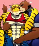  anthro anthro_on_anthro bearlovestiger13 clothed clothing duo felid fondling hi_res juuichi_mikazuki male male/male mammal morenatsu muscular muscular_male pantherine tiger torahiko_(morenatsu) ursid 