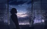  1girl bug butterfly cloud curtains dark dusk fantasy flower from_behind highres indoors insect night original plant potted_plant short_hair skyrick9413 solo window 