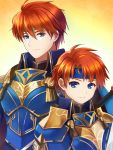 2boys armor blue_eyes cape cosplay durandal_(fire_emblem) eliwood_(fire_emblem) eliwood_(fire_emblem)_(cosplay) father_and_son fire_emblem fire_emblem:_the_binding_blade fire_emblem:_the_blazing_blade fire_emblem_heroes gloves headband looking_at_viewer male_focus multiple_boys potiko_(3110) red_hair roy_(fire_emblem) short_hair simple_background smile 