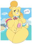  2019 4_fingers animal_crossing anthro areola ball beach beach_ball belly big_breasts bikini black_nose breasts canid canine canis clothed clothing clothing_lift cloud digital_media_(artwork) domestic_dog exposed_breasts female fingers floppy_ears front_view fur hair hi_res holding_object huge_breasts huge_hips inviting isabelle_(animal_crossing) mammal meirdent micro_bikini navel navel_piercing nintendo nipple_outline nipple_piercing nipples outside pictographics piercing sand sea seaside seductive shih_tzu shirt_collar skimpy sky slightly_chubby sling_bikini smile solo speech_bubble standing swimwear tailwag thick_thighs toy_dog video_games voluptuous water wide_hips yellow_fur 
