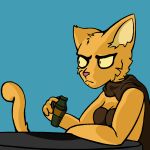  1:1 anthro bambookat bethesda_softworks clothed clothing felid female holding_object katia_managan khajiit mammal prequel reaction_image simple_background sitting skooma solo_focus stare table the_elder_scrolls too_early_for_this video_games webcomic 
