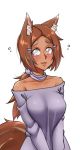  2019 animal_humanoid bare_shoulders blush bodily_fluids breasts brown_hair canid canid_humanoid canine canine_humanoid clothed clothing collarbone female flying_sweatdrops fox_humanoid hair heterochromia humanoid mammal mammal_humanoid ponytail shirt simple_background solo sweat sweatdrop tan_skin topwear twrlare white_background 