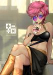  1girl blue_eyes breasts choker drink highres jojo_no_kimyou_na_bouken kashu_(hizake) looking_at_viewer midriff navel pink_hair short_hair simple_background skirt solo sunglasses trish_una vento_aureo 