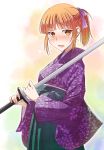  1girl bangs blunt_bangs blush bow brown_eyes e20 hair_bow highres japanese_clothes katana kimono kurahashi_riko looking_at_viewer love_lab open_mouth ponytail purple_bow purple_kimono short_hair sidelocks simple_background solo standing sweatdrop sword weapon yukata 