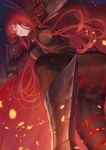  1girl bangs black_bodysuit bodysuit boots breasts cape chain embers fate/grand_order fate_(series) grin highres koha-ace large_breasts long_hair looking_at_viewer mashuu_(neko_no_oyashiro) oda_nobunaga_(fate) oda_nobunaga_(maou_avenger)_(fate) popped_collar red_eyes red_hair smile solo thighs very_long_hair 