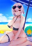  1girl absurdres azur_lane ball bare_arms bare_shoulders beach beach_mat beach_umbrella beachball between_legs bikini bird black_bikini blue_sky breasts brown_eyes chick cleavage cloud collarbone day halterneck heart heart-shaped_eyewear highres horizon irohasu large_breasts leg_garter looking_at_viewer manjuu_(azur_lane) ocean parted_lips sand short_hair sirius_(azur_lane) sirius_(midsummer_seirios)_(azur_lane) sitting sky solo sunglasses swimsuit umbrella wariza white_hair wrist_cuffs 