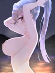  1girl arms_up bathing breasts eyebrows_visible_through_hair fate/grand_order fate_(series) highres jikuyuki_(ysesst96262) large_breasts long_hair looking_at_viewer night night_sky nude onsen ponytail red_eyes silver_hair sky solo tomoe_gozen_(fate/grand_order) tying_hair wet 