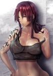  1girl against_wall bare_shoulders black_lagoon black_shirt breasts brown_eyes brown_hair cigarette collarbone commentary_request hand_on_hip highres long_hair medium_breasts midriff navel pursed_lips revy_(black_lagoon) shirt solo tank_top tattoo uenoryoma 