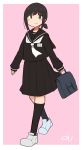  1girl absurdres alternate_costume artist_logo bag black_eyes black_hair black_legwear black_sailor_collar black_serafuku black_skirt border fubuki_(kantai_collection) full_body highres kantai_collection kneehighs long_hair long_skirt long_sleeves looking_at_viewer low_ponytail ma_rukan pink_background pleated_skirt ponytail sailor_collar school_bag school_uniform serafuku short_ponytail sidelocks skirt smile solo two-tone_background white_border 