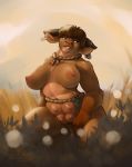  2019 anthro areola bell big_breasts bovid bovine breasts brown_hair cattle crouching day detailed_background digital_media_(artwork) facial_piercing female fur hair hi_res horn kalahari leaf looking_aside mammal nipples nose_piercing nose_ring outside piercing pink_nipples pink_nose pubes rope solo tan_fur teats udders wheat 