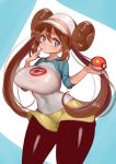  1girl black_legwear blue_eyes breasts brown_hair commentary_request covered_navel double_bun finger_to_face highres huge_breasts large_breasts looking_at_viewer mei_(pokemon) metk pantyhose poke_ball poke_ball_(generic) pokemon pokemon_(game) pokemon_bw2 skirt solo standing thick_thighs thighs twintails visor_cap yellow_skirt 