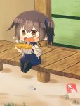  1girl artist_name black_legwear blue_hakama brown_eyes brown_hair chibi corn eating hakama hakama_skirt highres japanese_clothes kaga_(kantai_collection) kantai_collection long_hair open_mouth pantyhose side_ponytail solo taisa_(kari) tasuki tatami veranda 