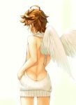  1boy ahoge angel_wings ass back backless_dress backless_outfit backlighting bare_back bare_shoulders blue_eyes blush brown_hair butt_crack commentary cowboy_shot crossdressing dress feathered_wings kid_icarus looking_at_viewer looking_back male_focus meme_attire naked_sweater open_mouth otoko_no_ko pit_(kid_icarus) ribbed_sweater shigatera short_hair shoulder_blades simple_background sleeveless sleeveless_turtleneck solo sweater sweater_dress turtleneck turtleneck_sweater virgin_killer_sweater white_background white_sweater white_wings wings 