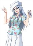 1girl :d \n/ bangs blue_eyes blue_shirt can casual commentary dixie_cup_hat energy_drink eyebrows_visible_through_hair flint_(girls_und_panzer) floral_print girls_und_panzer hat hawaiian_shirt head_tilt highres holding holding_can long_hair long_skirt looking_at_viewer military_hat omachi_(slabco) open_mouth pleated_skirt shirt short_sleeves silver_hair simple_background skirt smile solo standing upper_body w_arms white_background white_skirt 