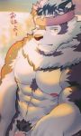  3:5 abs accessory anthro bearp_(artist) biceps brown_fur canid canine canis fur hair headband hi_res male mammal multicolored_fur muscular muscular_male nipples nude one_eye_closed pecs penis pubes signature solo tokyo_afterschool_summoners two_tone_fur video_games volkv_vseslav white_fur wolf yellow_eyes 
