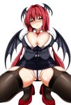  1girl absurdres arched_soles arms_at_sides ass_visible_through_thighs bangs bat_wings between_legs black_skirt black_tail black_vest blush breasts bursting_breasts cleavage closed_mouth collared_shirt commentary_request crotch_seam demon_girl demon_tail demon_wings dress_shirt groin hair_intakes half-closed_eyes head_tilt head_wings heart heart-shaped_pupils high_heels highres isshin_(sasayamakids) koakuma long_hair long_sleeves nose_blush panties pencil_skirt pov_crotch puffy_long_sleeves puffy_sleeves red_eyes red_footwear red_hair red_neckwear shirt simple_background skirt smile solo squatting symbol-shaped_pupils tail tail_between_legs tail_raised taut_clothes taut_shirt taut_skirt taut_vest thighhighs touhou underboob underwear upskirt vest white_background white_panties white_shirt wing_collar wings 