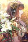  1girl aqua_eyes arm_belt brown_hair cardia_beckford code:realize cravat dress flower gear_hair_ornament highres lily_(flower) long_hair looking_to_the_side neoromansu5 profile ribbon solo upper_body white_neckwear yellow_background 