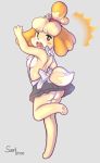  2019 absurd_res animal_crossing anthro blush blush_stickers bottomwear butt canid canine canis clothed clothing domestic_dog female fur hair hi_res isabelle_(animal_crossing) looking_back mammal nintendo open_mouth raised_leg shih_tzu simple_background skirt solo suenbroe toy_dog upskirt video_games yellow_fur 