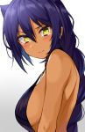  1girl back bare_shoulders blush breasts dark_skin gomashi_(goma) hair_between_eyes hair_flip highres jahy jahy_sama_wa_kujikenai long_hair looking_at_viewer purple_hair sleeveless solo tears very_long_hair yellow_eyes 