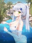  1girl ahoge ankkoyom ass bangs bikini blunt_bangs blush breasts eyebrows_visible_through_hair facial_mark flower girls_frontline green_eyes grey_hair hair_flower hair_ornament highres hk416_(girls_frontline) long_hair looking_at_viewer medium_breasts navel no_pupils ponytail side_ponytail smile solo swimsuit teardrop very_long_hair wet white_bikini 