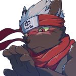  1:1 5_fingers anthro blush brown_fur canid canine canis domestic_dog fingers fur hair hi_na_ga mammal red_eyes scar scarf simple_background tadatomo tokyo_afterschool_summoners video_games white_background white_hair yellow_sclera 