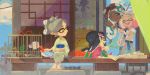  4girls aori_(splatoon) bag barefoot book casual character_doll doorway eyewear_on_head fan fangs food footwear_removed fruit hime_(splatoon) hotaru_(splatoon) iida_(splatoon) japanese_clothes kimono king_dedede kirby kirby_(series) link lip_(lih8) looking_at_another lying mario_(series) mole mole_under_mouth multicolored_hair multiple_girls on_stomach open_book open_mouth poster reading shopping_bag shorts sitting smile splatoon_(series) splatoon_1 splatoon_2 summer tentacle_hair the_legend_of_zelda two-tone_hair watermelon yoshi 