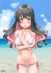  1girl alternate_hairstyle artist_logo beach bikini black_hair blue_sky breasts chestnut_mouth cleavage cloud collarbone commentary_request cowboy_shot day hair_down highres horizon kantai_collection large_breasts long_hair looking_at_viewer multicolored_hair naganami_(kantai_collection) navel ocean outdoors pink_hair side-tie_bikini sky solo swimsuit t2r two-tone_hair wavy_hair white_bikini white_swimsuit 