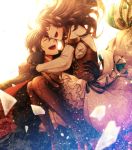  :d ahoge ariake_aria arm_belt arsene_lupin_(code:realize) black_coat black_gloves brown_gloves brown_hair brown_legwear cardia_beckford carrying closed_eyes code:realize corset dress facing_another gear_hair_ornament gloves hetero highres long_hair long_sleeves open_mouth princess_carry simple_background skirt smile unmoving_pattern white_dress white_skirt 