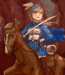  1girl blue_eyes cape cavalry hat highres holding holding_weapon horse horseback_riding jacket kageng long_sleeves military military_hat military_uniform miniskirt original reins riding skirt solo sword thighhighs uniform weapon 