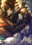  1boy 1girl ariake_aria arsene_lupin_(code:realize) ascot black_gloves black_headwear bow brown_eyes brown_gloves brown_hair cardia_beckford clenched_hand code:realize dress eye_contact frilled_dress frills gear_hair_ornament gloves green_eyes hand_up hat hetero long_sleeves looking_at_another sitting smile 