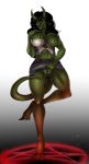  big_breasts bodily_fluids breasts clothed clothing cum demon female genital_fluids green_skin hi_res horn lemonfont marvel nipples partially_clothed pussy pussy_juice she-hulk solo unusual_cum 