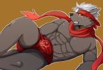  5_fingers abs accessory anthro biceps brown_background brown_fur canid canine canis clothed clothing domestic_dog fingers fur hair headband hi_na_ga hi_res male mammal muscular muscular_male pecs red_eyes scar scarf simple_background solo tadatomo tokyo_afterschool_summoners topless underwear video_games white_hair yellow_sclera 