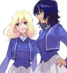  2girls andou_(girls_und_panzer) bc_freedom_military_uniform black_hair blonde_hair blue_eyes blue_jacket blue_vest brown_eyes dark_skin frown girls_und_panzer hand_on_hip high_collar jacket long_sleeves looking_to_the_side medium_hair messy_hair multiple_girls oshida_(girls_und_panzer) pleated_skirt simple_background skirt smile standing tokitanatsu vest white_background white_skirt 