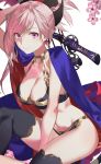  1girl arm_up bare_arms between_legs black_bra black_legwear black_panties bra breasts cleavage closed_mouth collarbone fate/grand_order fate_(series) flower hair_ornament halterneck large_breasts long_hair looking_at_viewer miyamoto_musashi_(fate/grand_order) navel panties pink_flower pink_hair purple_eyes salmon88 sheath sheathed simple_background smile solo stomach sword thighhighs thighs underwear weapon white_background 