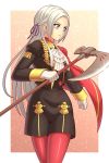  1girl axe blonde_hair blue_eyes cape cravat edelgard_von_hresvelgr_(fire_emblem) fire_emblem fire_emblem:_three_houses gloves hair_ornament hair_ribbon highres long_hair pantyhose red_cape rere_(yusuke) ribbon simple_background solo uniform weapon 