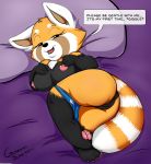  2019 3_fingers 4_toes aggressive_retsuko ailurid anthro anus areola big_breasts big_butt breasts butt clothing dialogue english_text female fingers guardianslade half-closed_eyes hi_res looking_at_viewer lying mammal nipples open_mouth open_smile panties panties_down pillow pussy red_panda retsuko sanrio short_stack smile solo speech_bubble teeth text thick_thighs toes tongue underwear 
