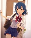  1girl absurdres bag blue_hair bow bowtie braid commentary_request door highres idolmaster idolmaster_million_live! looking_at_viewer miniskirt nanao_yuriko open_mouth plaid plaid_skirt plastic_bag pleated_skirt school_bag school_uniform shiokazunoko shirt short_hair skirt solo spring_onion white_shirt yellow_eyes 