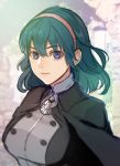  1girl blue_eyes blue_hair byleth byleth_(female) cape fire_emblem fire_emblem:_three_houses hair_ornament headband kokouno_oyazi long_hair looking_at_viewer school_uniform short_hair simple_background smile solo uniform white_background 