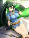 1girl absurdres black_gloves blue_dress blush breasts closed_mouth day dress earrings fingerless_gloves fire_emblem fire_emblem:_the_blazing_blade gloves green_eyes green_hair grin hair_between_eyes highres jewelry large_breasts long_hair looking_at_viewer lyn_(fire_emblem) outdoors sheath sheathed shiny shiny_clothes shiny_skin short_dress short_sleeves side_slit sitting smile solo sword thighs very_long_hair vilde_loh_hocen weapon 