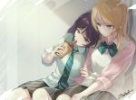  2girls ayase_eli bangs blonde_hair blue_eyes bow bubble_tea collared_shirt commentary_request dress_shirt drinking drinking_straw green_eyes hair_ornament hair_scrunchie high_ponytail long_hair love_live! love_live!_school_idol_project low_twintails multiple_girls necktie pink_scrunchie pink_shirt pleated_skirt ponytail purple_hair school_uniform scrunchie shirt sitting skirt sleeves_rolled_up striped striped_bow striped_neckwear swept_bangs toujou_nozomi twintails vest white_shirt white_vest zawawa_(satoukibi1108) 