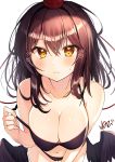  1girl absurdres bangs bare_arms bare_shoulders bikini black_bikini blush breasts brown_eyes brown_hair cleavage closed_mouth collarbone feathered_wings frown hair_between_eyes hat heart highres holding large_breasts leaning_forward looking_at_viewer navel nenobi_(nenorium) red_headwear shameimaru_aya short_hair signature simple_background solo stomach sweatdrop swimsuit thighs tokin_hat touhou white_background wings 