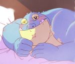  anthro bed blue_scales blush clothed clothing crocodile crocodilian crocodylid green_sclera hi_res makara male multicolored_scales one_eye_closed rentcg reptile scales scalie scar slightly_chubby solo tokyo_afterschool_summoners topless two_tone_scales video_games yellow_scales 